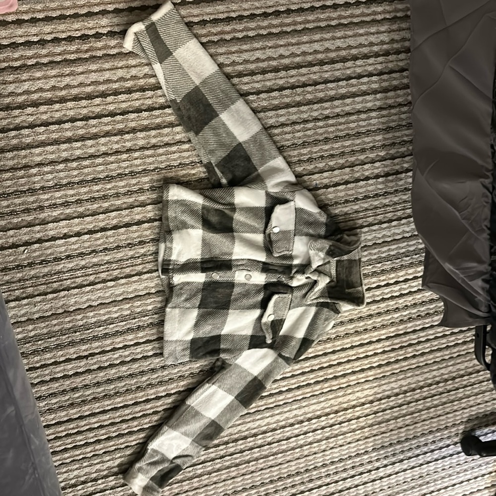Fluffy grey and white plaid jacket